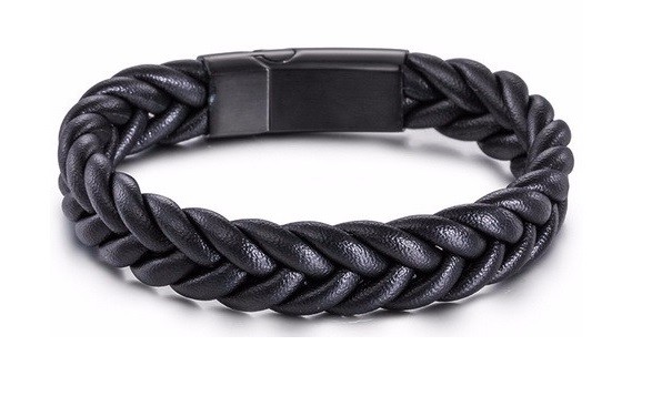 Unisex Black or Brown Stainless Steel and Woven Leather Cuff Bracelet Wristband