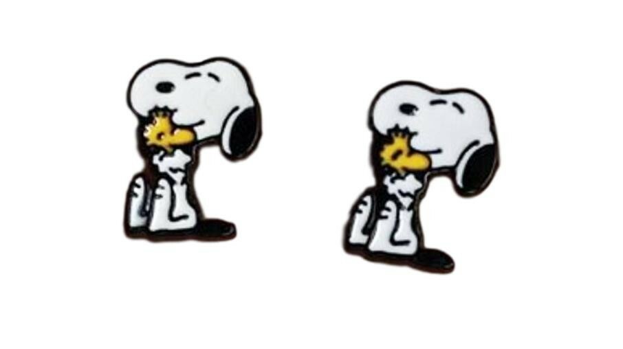 Snoopy Holding Woodstock Metal Enamel Stud Earrings