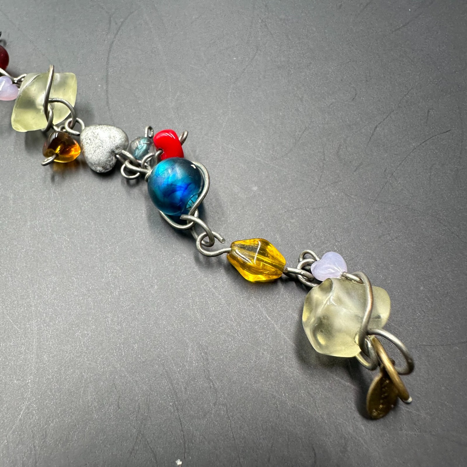 ABRA Bracelet Silver Tone Multicolored Glass Beads Wire Wrapped Boho Artsy 7.5″