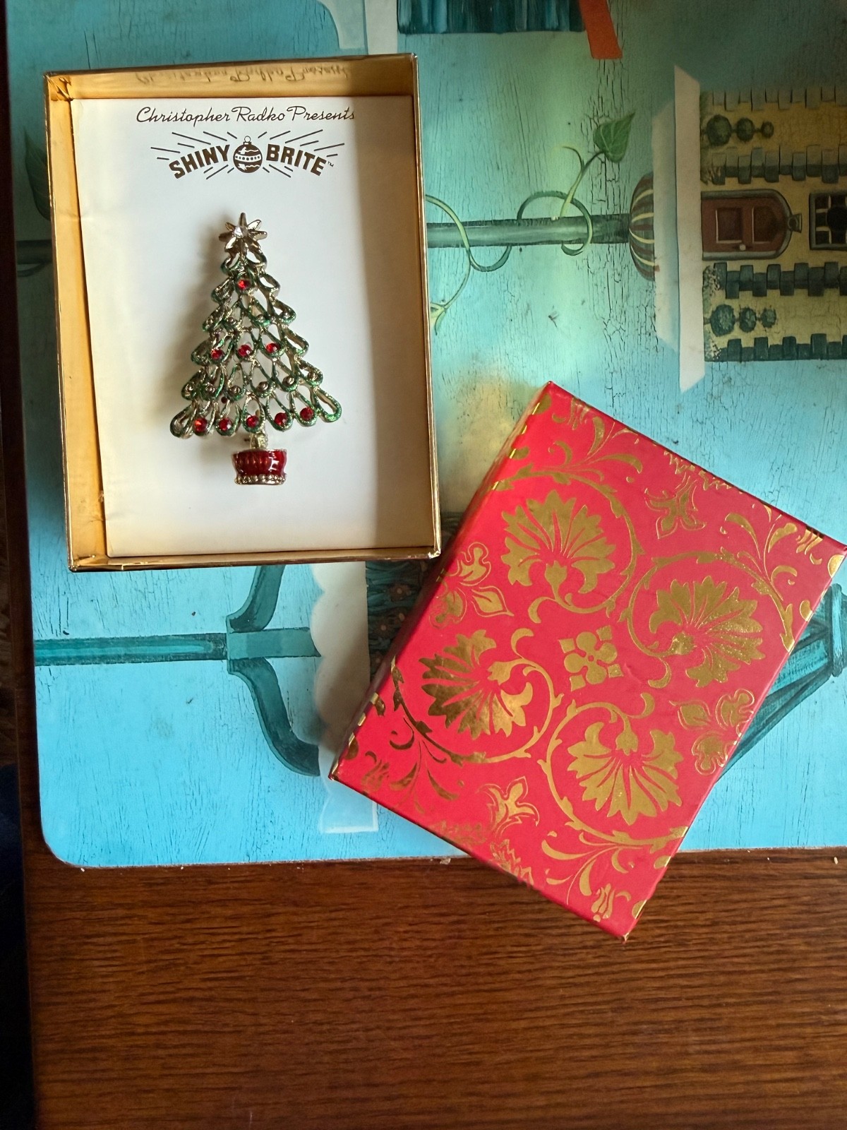 Christopher Radko Presents Shiny Brite Christmas Tree Brooch Pin Holiday NWT