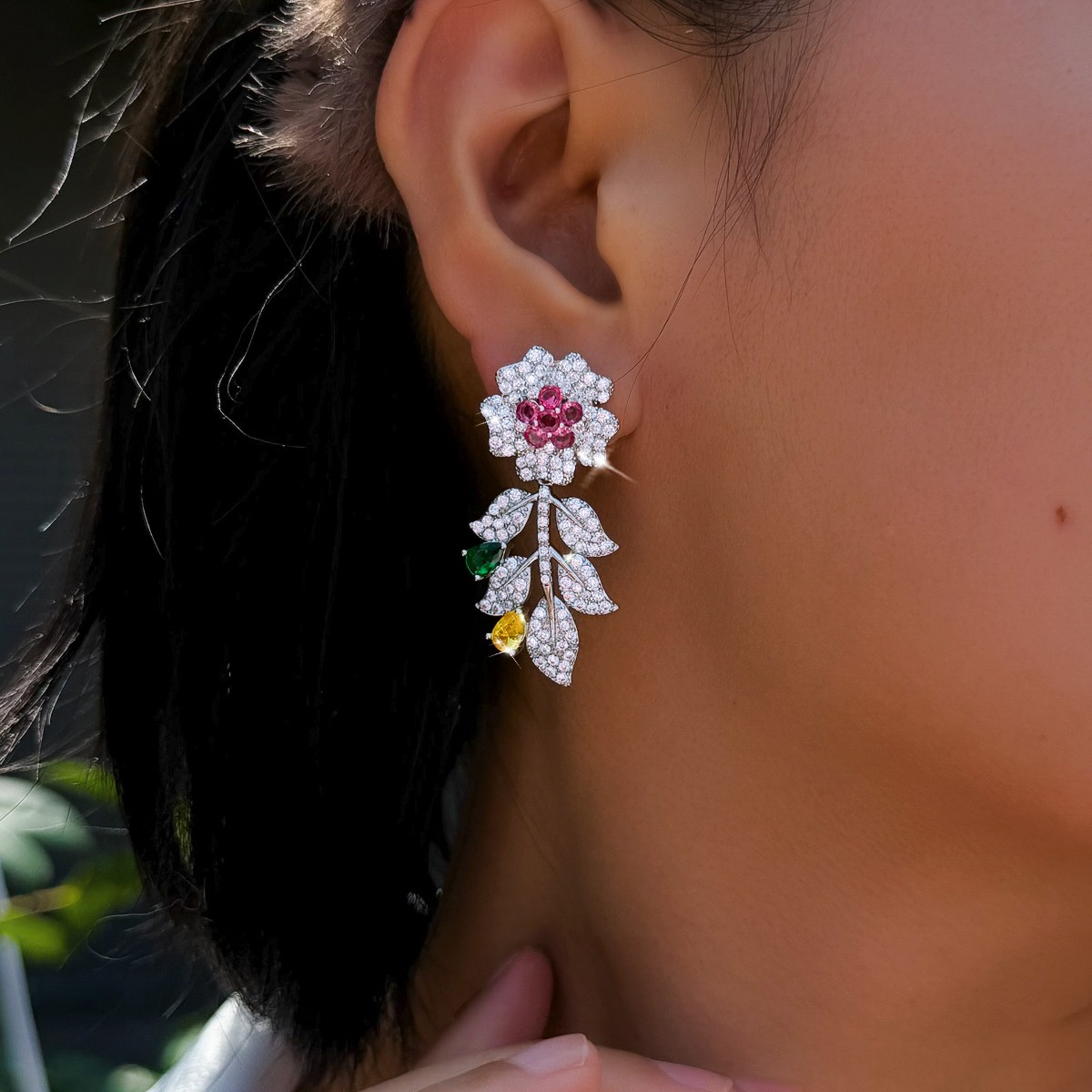 Exquisite Silver Plated Cubic Zirconia Flower Leaf Drop Earrings Wedding Jewelry