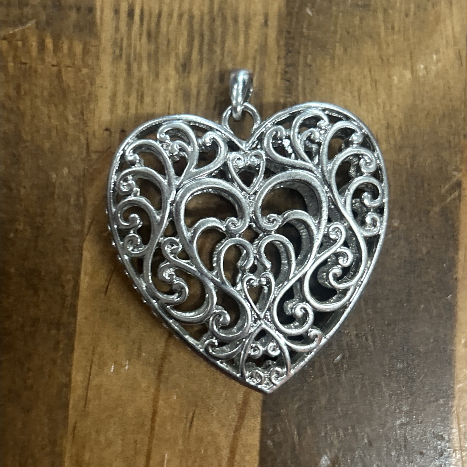 Silver Tone Chisel Polished Filigree Puffed Heart Pendant