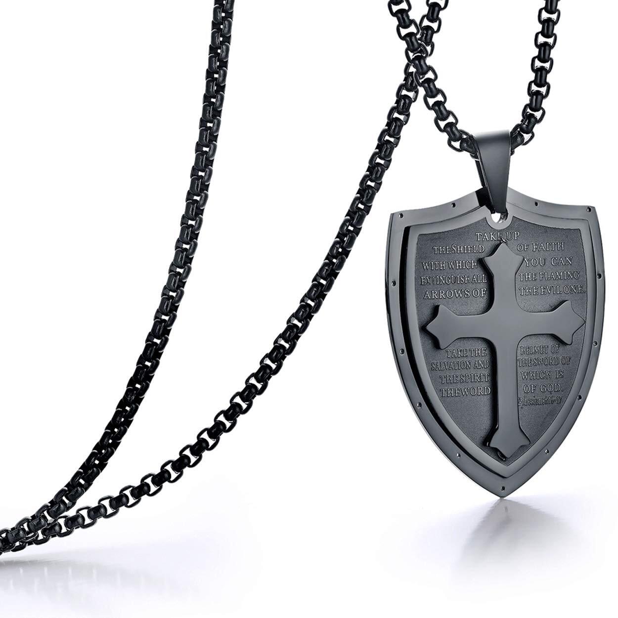 Men Shield Cross Necklace Stainless Steel Armor of God Ephesians Bible Pendant