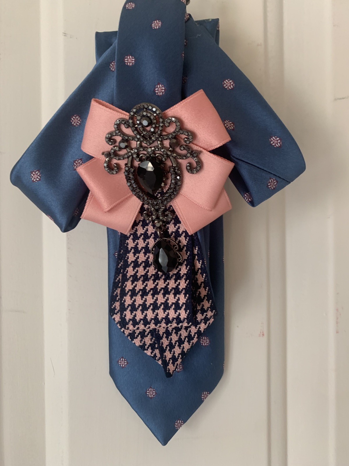 Ladies Tie Necklace Steel Blue w/Pink and Black Accents One of a Kind