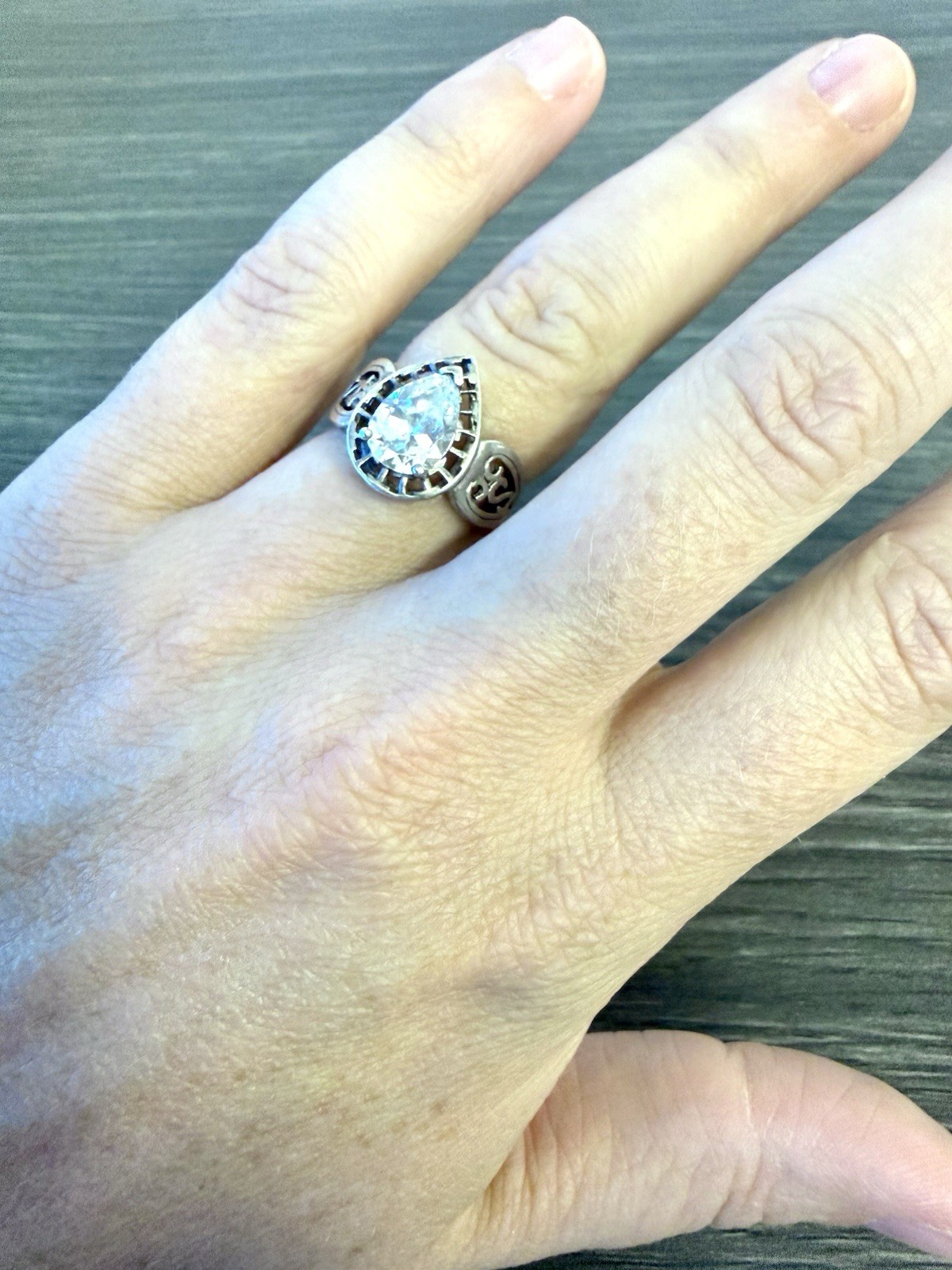 925 ATI Sterling Silver Teardrop Colorless CZ Cocktail Ring Size 6 Prong Set
