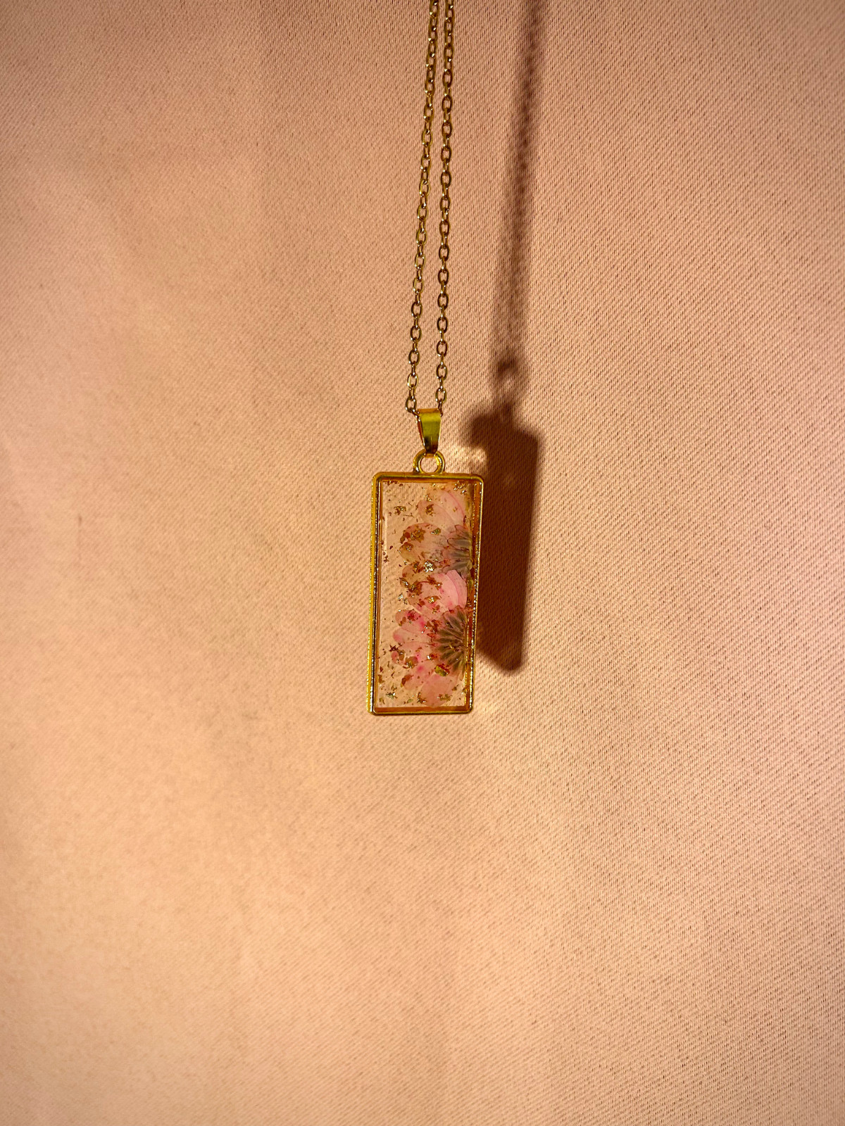 Real Pink Flower Necklace, Rectangle Resin Pendant, Preserved Botanicals Jewelry
