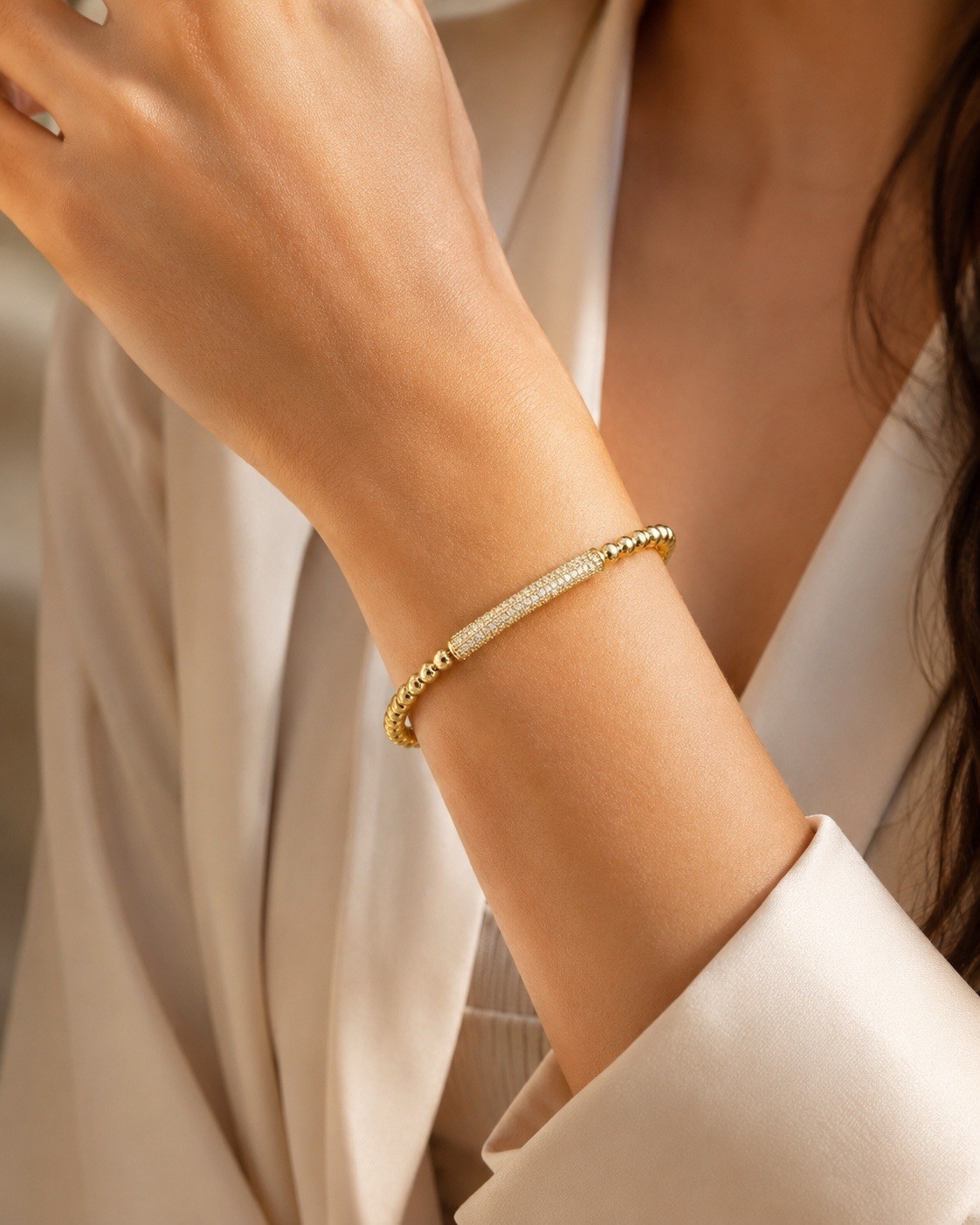 Gold Plated Beaded Pavé Bar Cuff Adjustable Bracelet