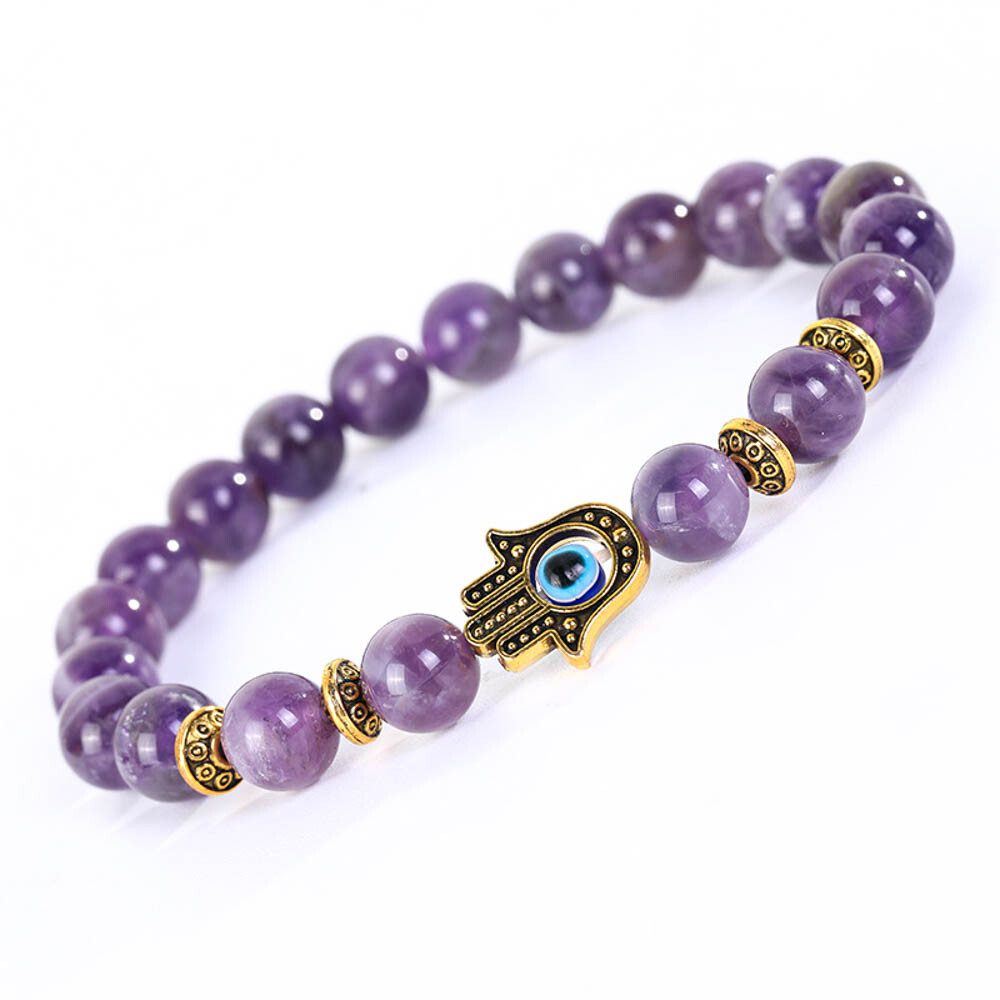 Handmade Hamsa Hand Evil Eye Charm Natural Stone Beads Stretch Bracelet 4 Colors