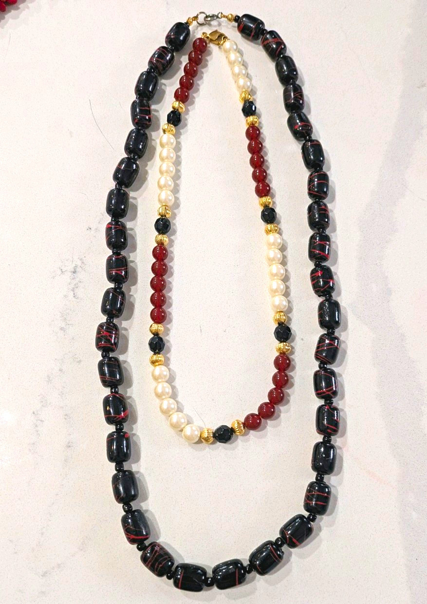 TWO Vintage Necklace w/ Faux Pearl, Black, Red & Gold Tone Beads 16″ & 24″