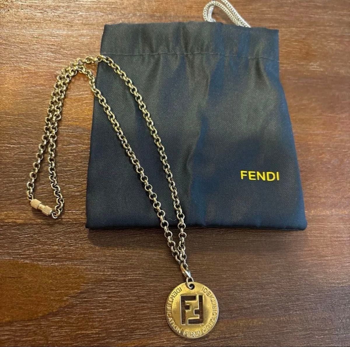 Fendi Necklace FF Logo Round Pendant Top Charm Gold-tone Hardware Chain 17.7in