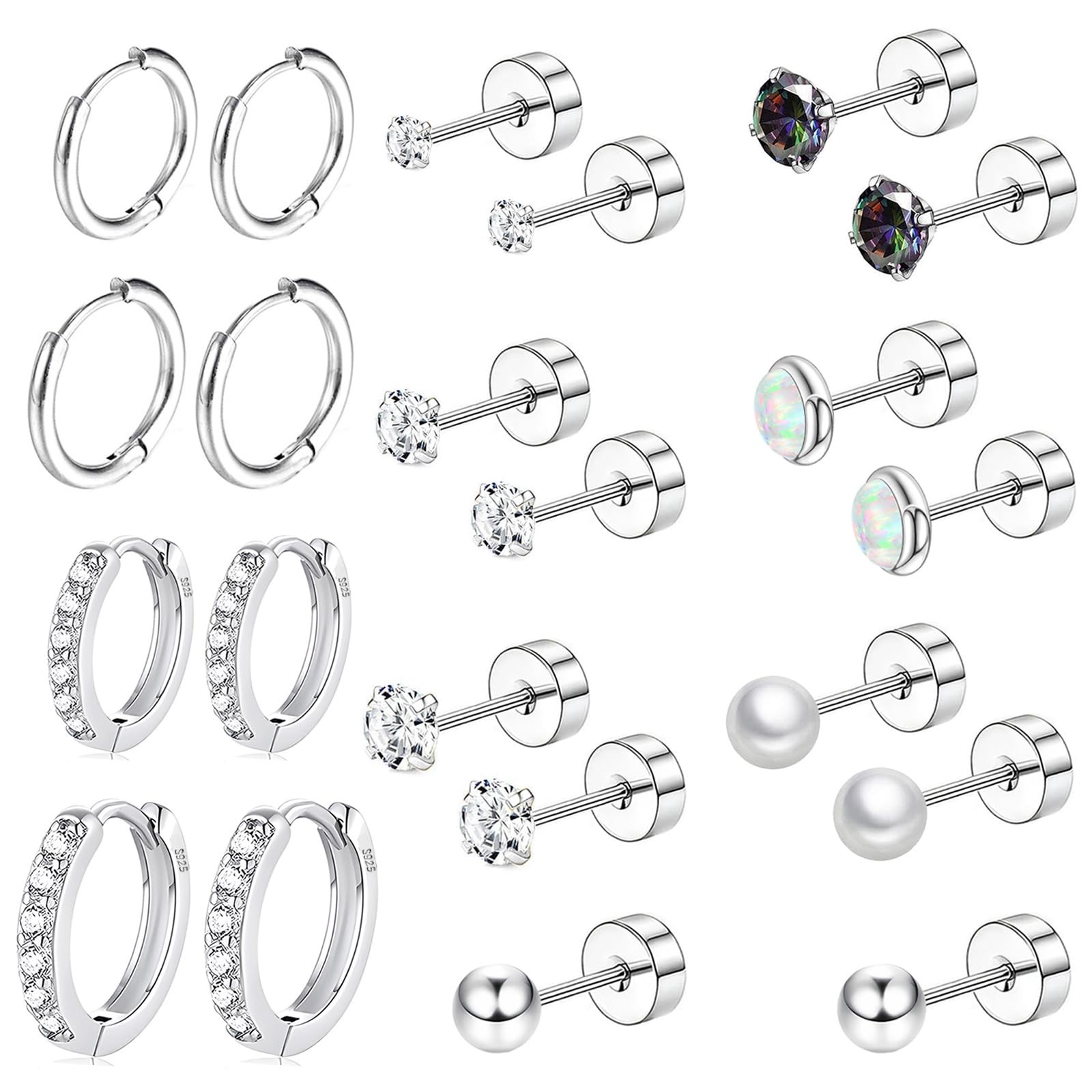 Surgical Steel Flat Back Earrings Set for Multiple Piercing Sensitive Silver