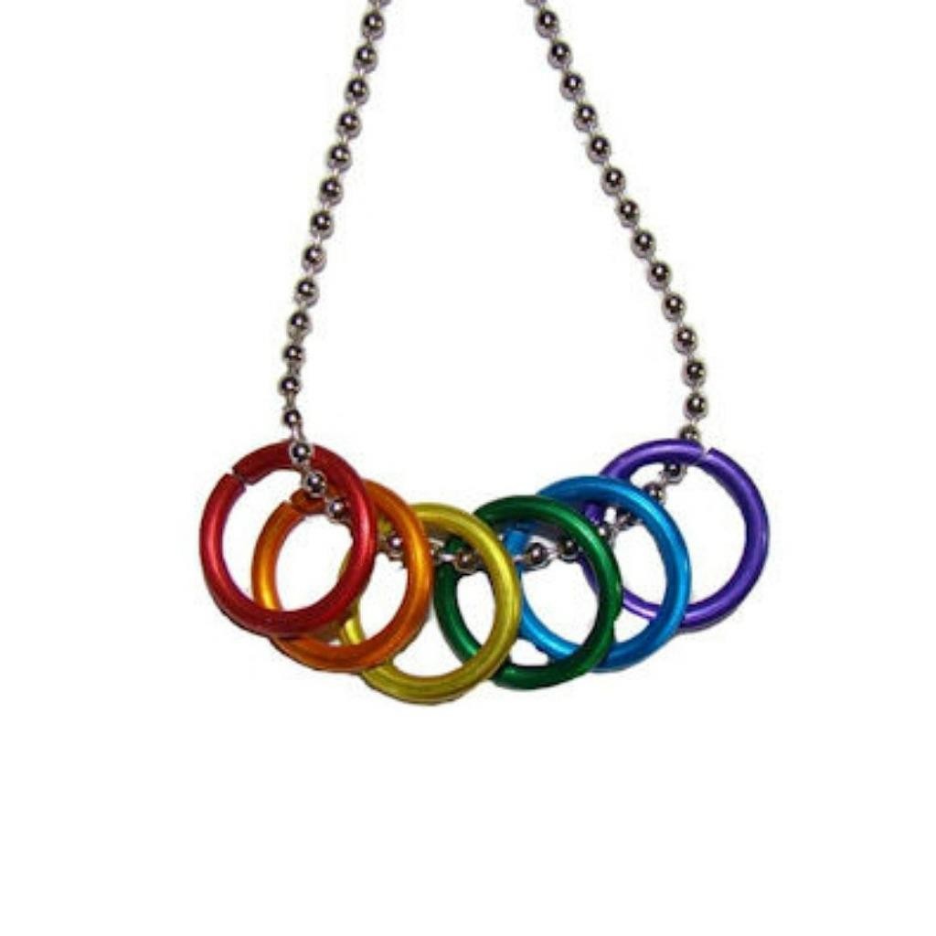 FREEDOM RINGS NECKLACE 20″ Stainless Steel Chain LGBTQ PRIDE Gay Lesbian Rainbow