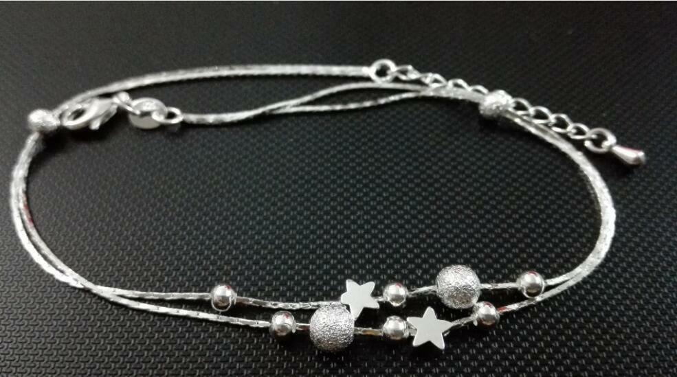 Women‘s Silver SP Stars Ball Charm Beaded Double Chain Foot Anklet