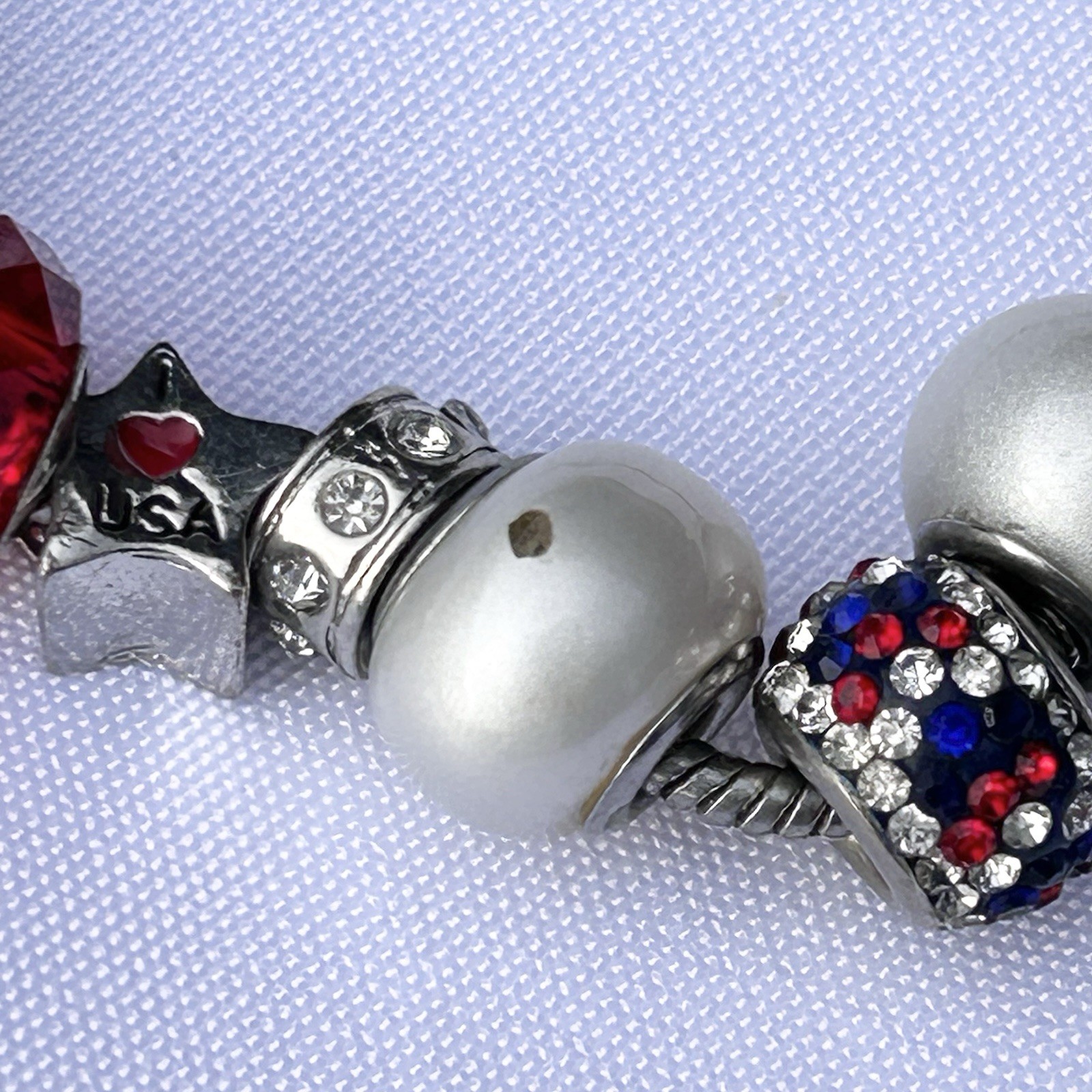 Slide Style Charm Bracelet Patriotic Fourth Of July I Love USA Stars Rhinestone