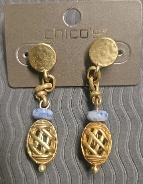 Chico’s Dangle Stud Earrings Gold Tone With Blue Stone
