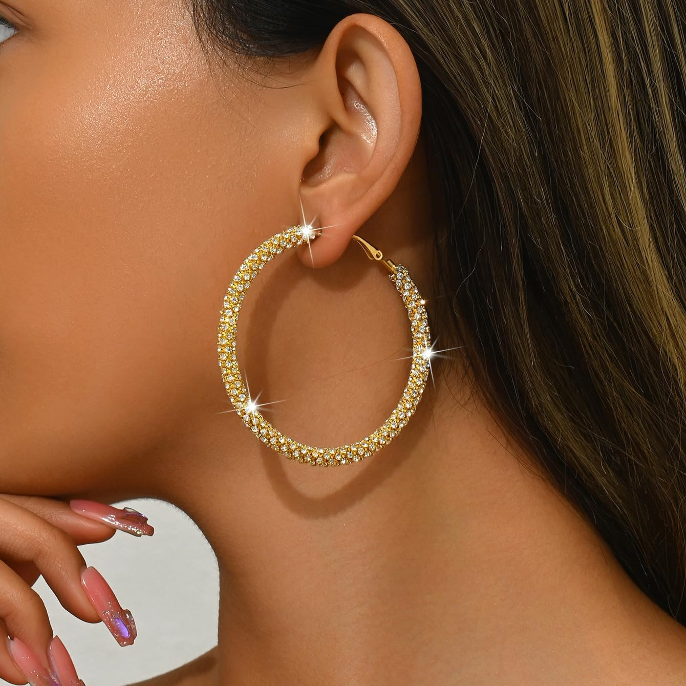 Big Hoop Earrings for Women 30Mm 40Mm 50Mm 60Mm 70Mm Rhinestone Silver Hoops Spa