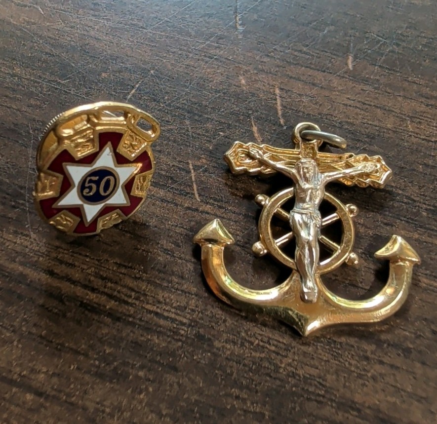 Lot Of Two Nautical Embellishments Necklace Charm And Pin Gold Tone