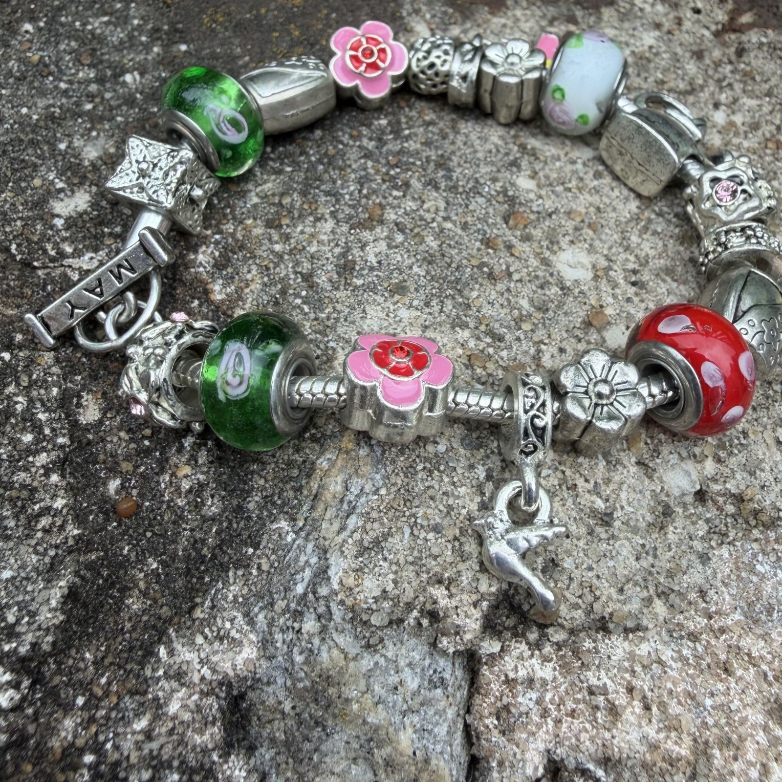 May Birthday Charm Bracelet 8″ Floral Willabee and Ward Danbury Mint Silvertone