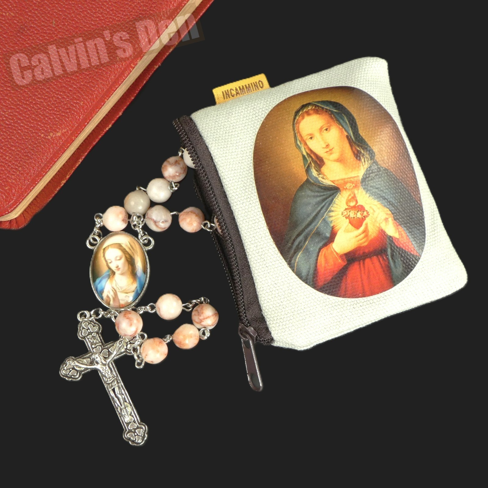 Virgin in Prayer Rosary Necklace Red Vein Jasper Bead Crucifix Cross Men Women
