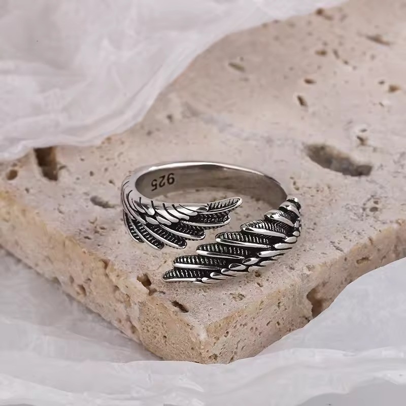 925 Sterling Silver Angel Wing Feather Ring Adjustable Women Wedding Jewelry
