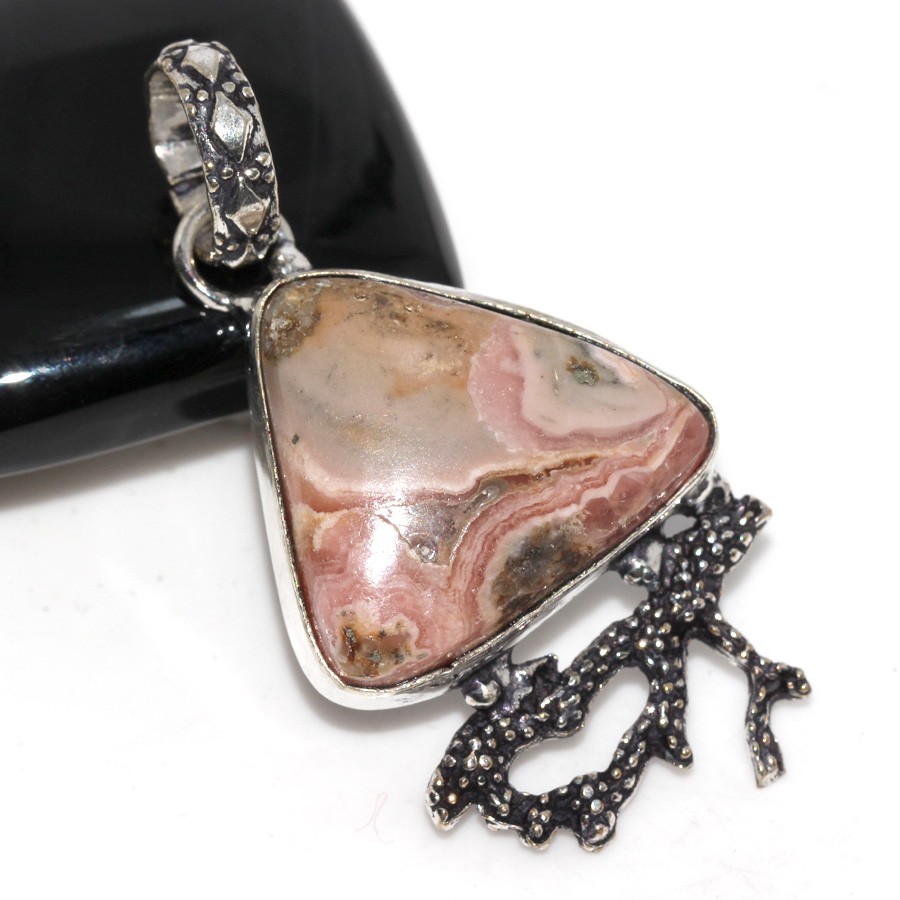 925 Silver Plated Pyrite In Rhodochrosite Jewellery Pendant Size 1.7″ GW