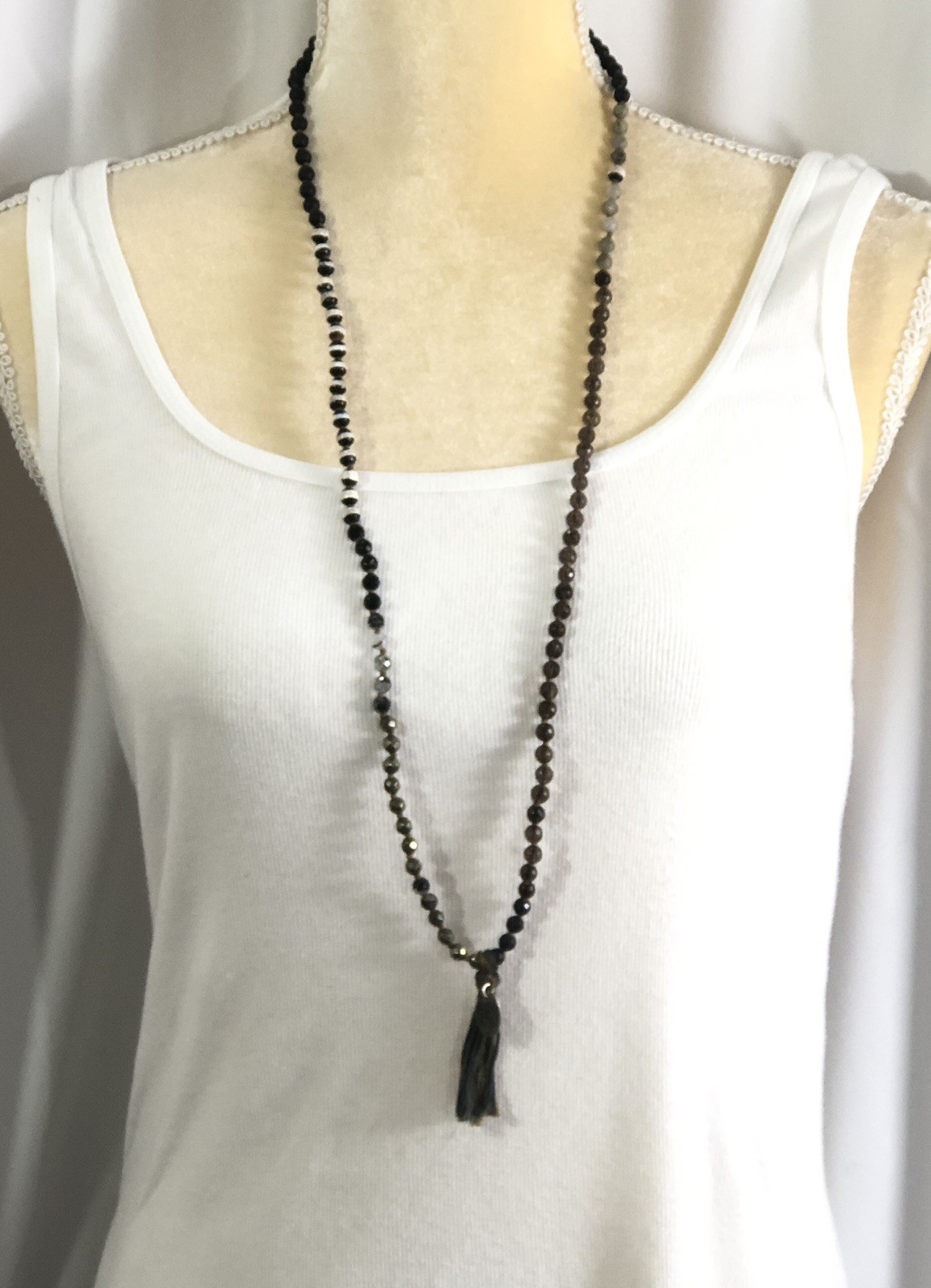 Chan Luu Necklace Pyrite Beaded Agate Quartz Tassel Sterling Silver – 34 inch
