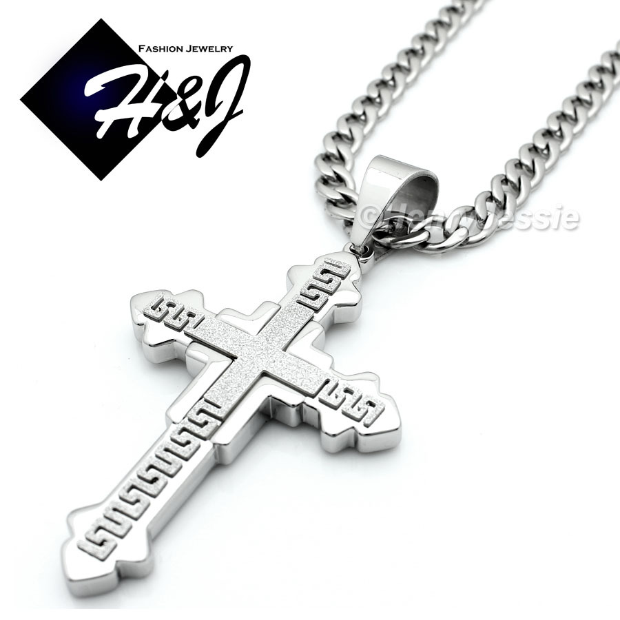 18-40″MEN Stainless Steel 6/7/8.5mm Silver Cuban Curb Necklace Cross Pendant*K20
