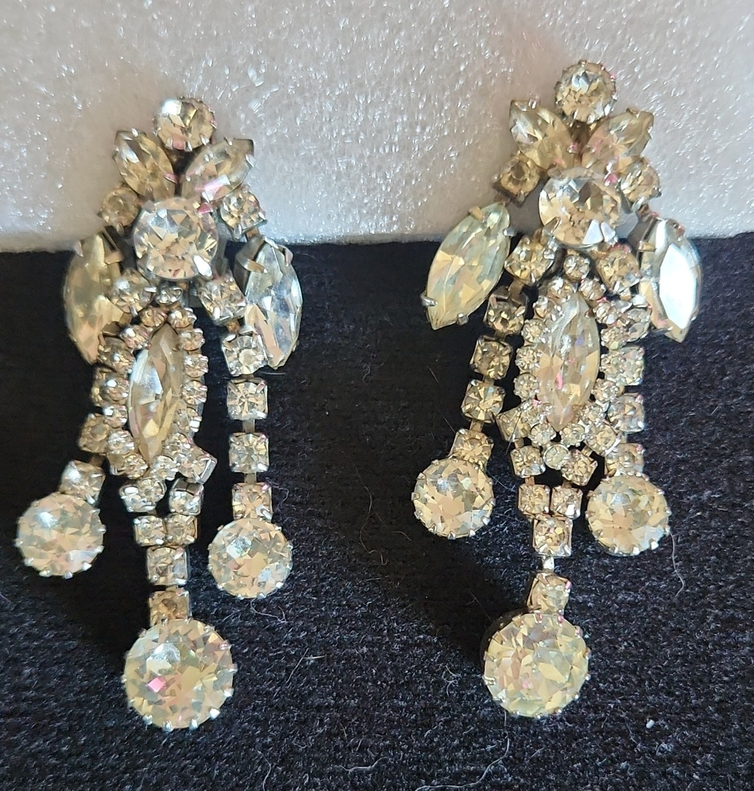 WEISS Signed Clip-On Chandelier Dangle Earrings Silver Tone Clear Crystal