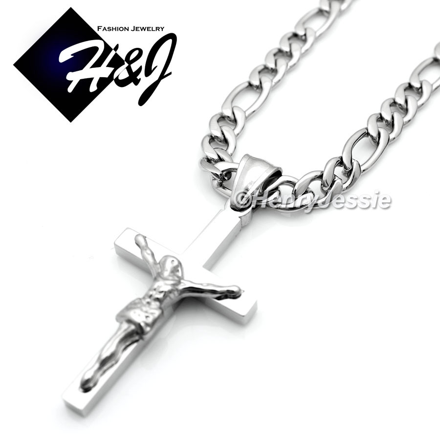 18-36″MEN Stainless Steel 2/3/4/5/6mm Silver Figaro Chain JESUS Cross Pendant*62