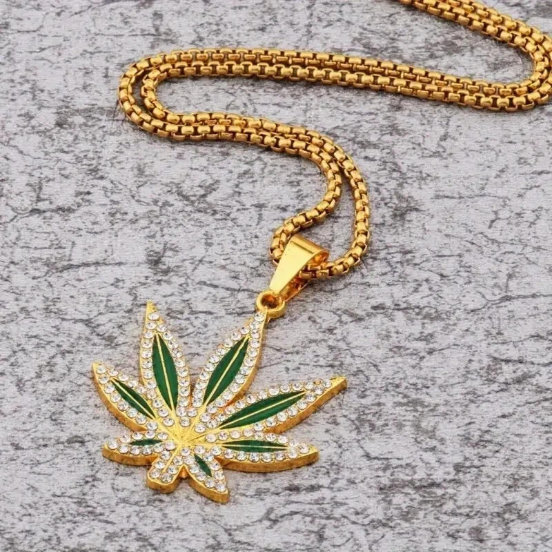 Marijuana Ganja Leaf Yellow Gold-Plated Pendant Charm – Inlaid Bling-Bling ✨New