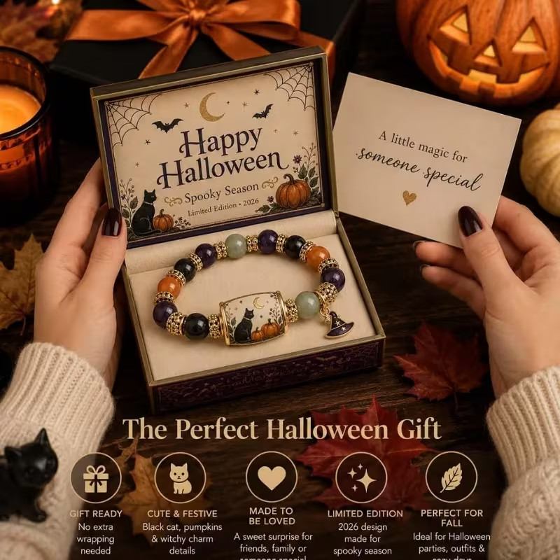 2026 Halloween Beaded Stretch Bracelet Witch Hat Cat Pumpkin Charm Gift Women