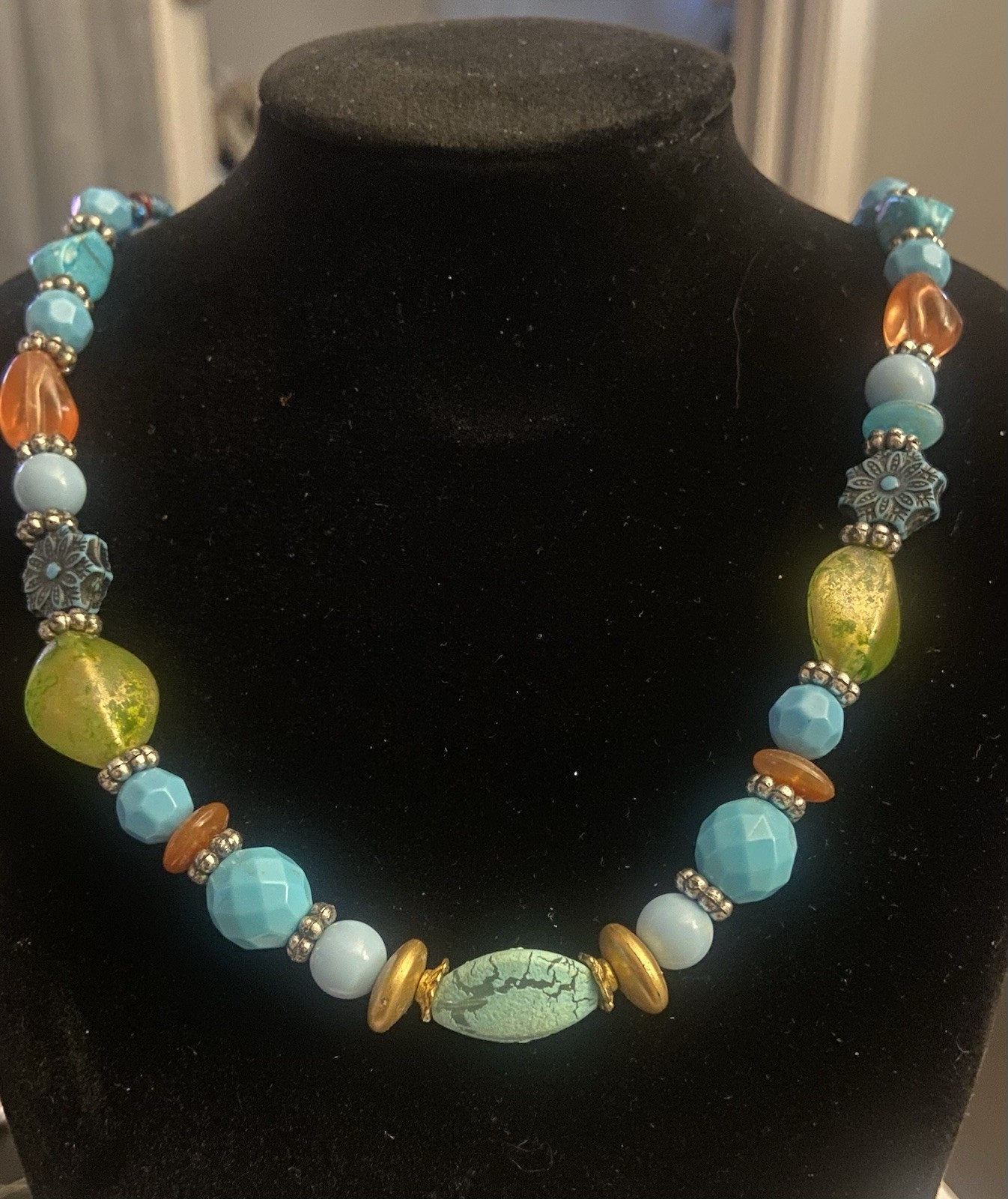 Handmade Beaded Necklace Blue Tones