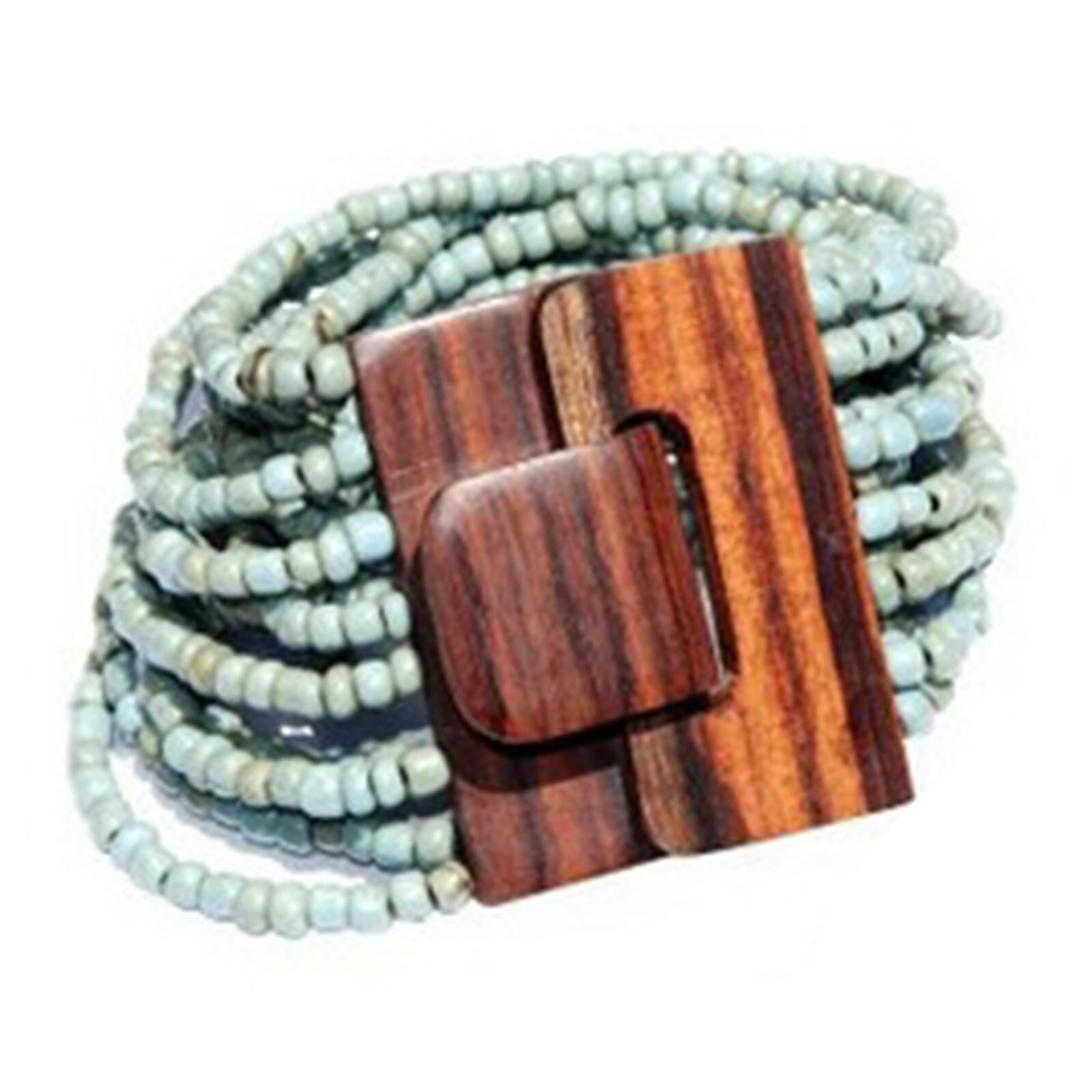 Turquoise BALI Bracelet With Hardwood Buckle Clasp 14-Strand Elastic Glass Bead