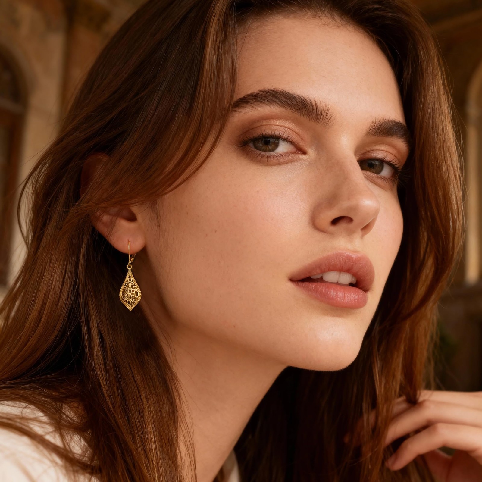 14K Gold Dangle Earrings for Women, Filigree Dangling Leverback Earrings, Gol…