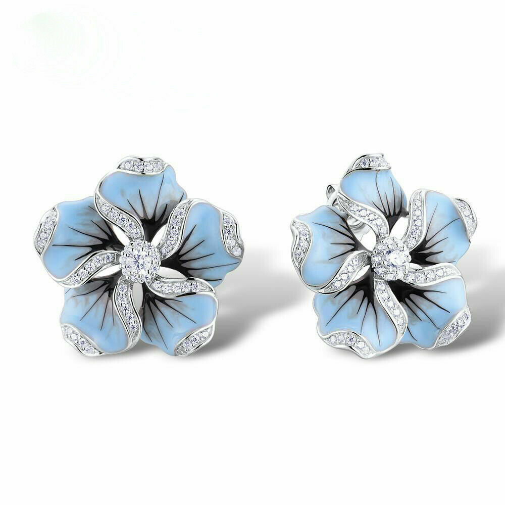 Pretty flower Silver Plated Stud Earrings White Sapphire Jewelry Pair Simulated