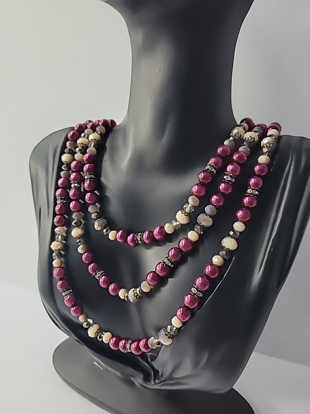 Vintage Necklace Beaded Pink Purple White Crystals Jewelry Costume