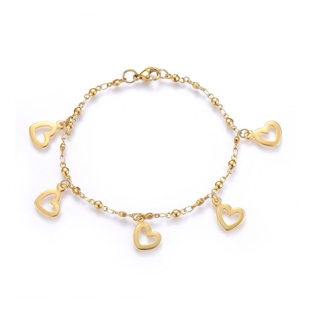 304 Stainless Steel Charm Bracelet Lobster Heart Gold 8.2″ 3mm  A88