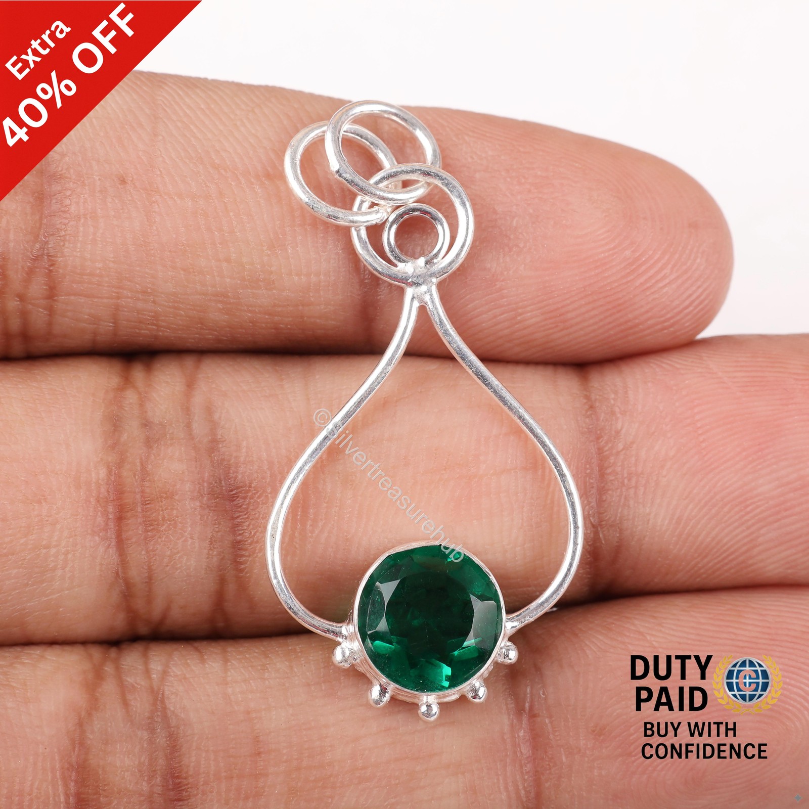 Sterling Silver Round Green Emerald Gemstone Daughter New Handcrafted Pendant