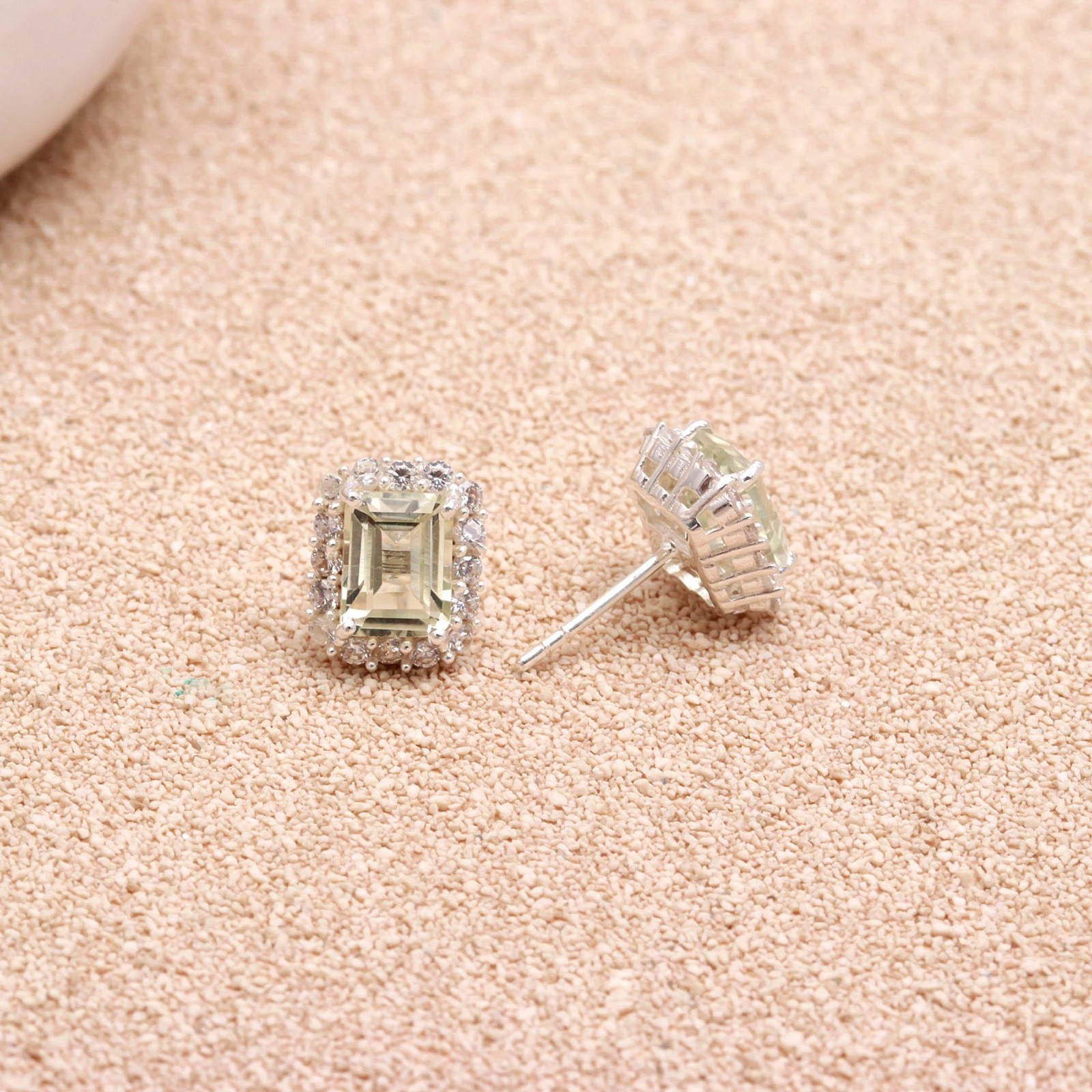Natural Green Amethyst Octagon Stud Earrings Solid Silver Moissanite Jewelry