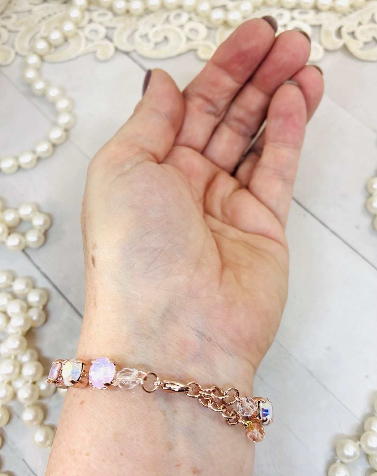 Rose Gold Plated Light Pink Dusty Rose Crystal Cup Chain Tennis Bracelet