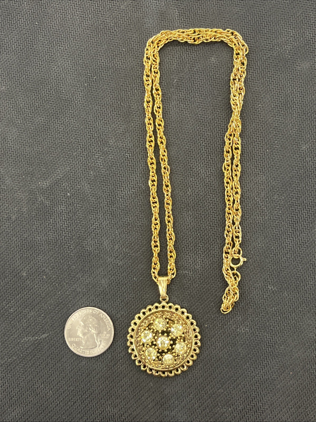 Gold Colored And Yellow/clear Stones 24 Inch Necklace NOS