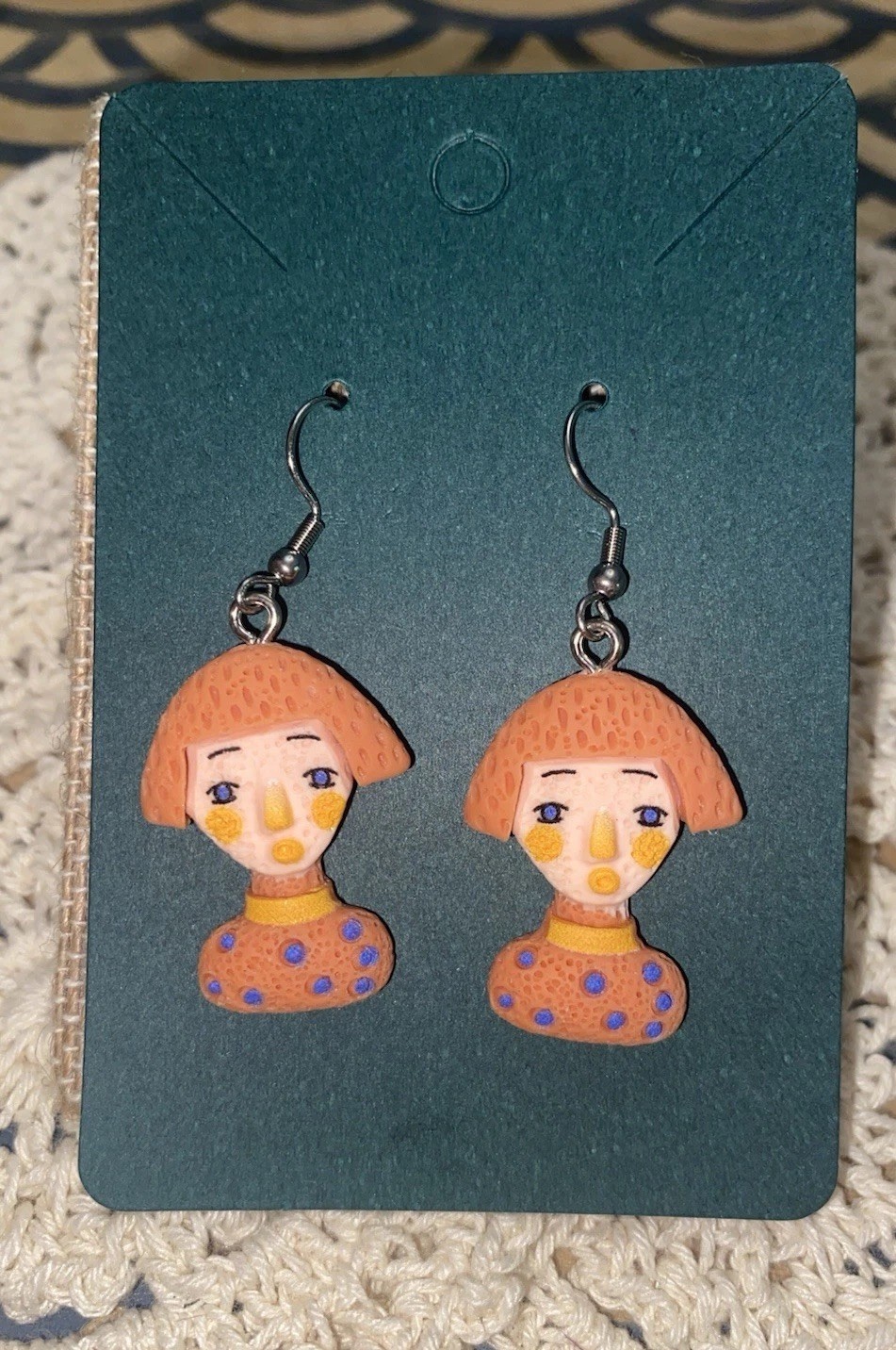 Mushroom Fairy Face Dangle Hook Earrings Polymer Clay Cottagecore Boho Cute