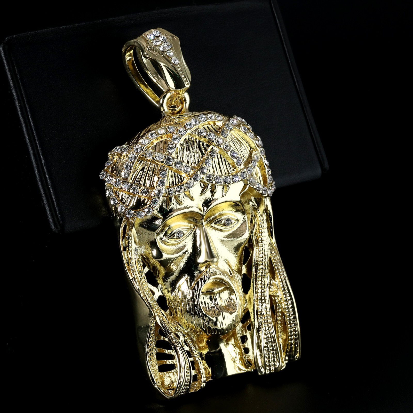 14k Gold Plated 30″ Cuban Chain Iced Cubic Zirconia Crowned Jesus Large Pendant