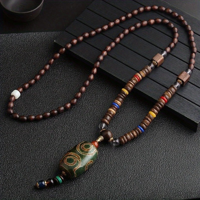 Vintage Nepal Buddhist Mala Necklace Wood Beads Fish Horn Pendant Ethnic Jewelry