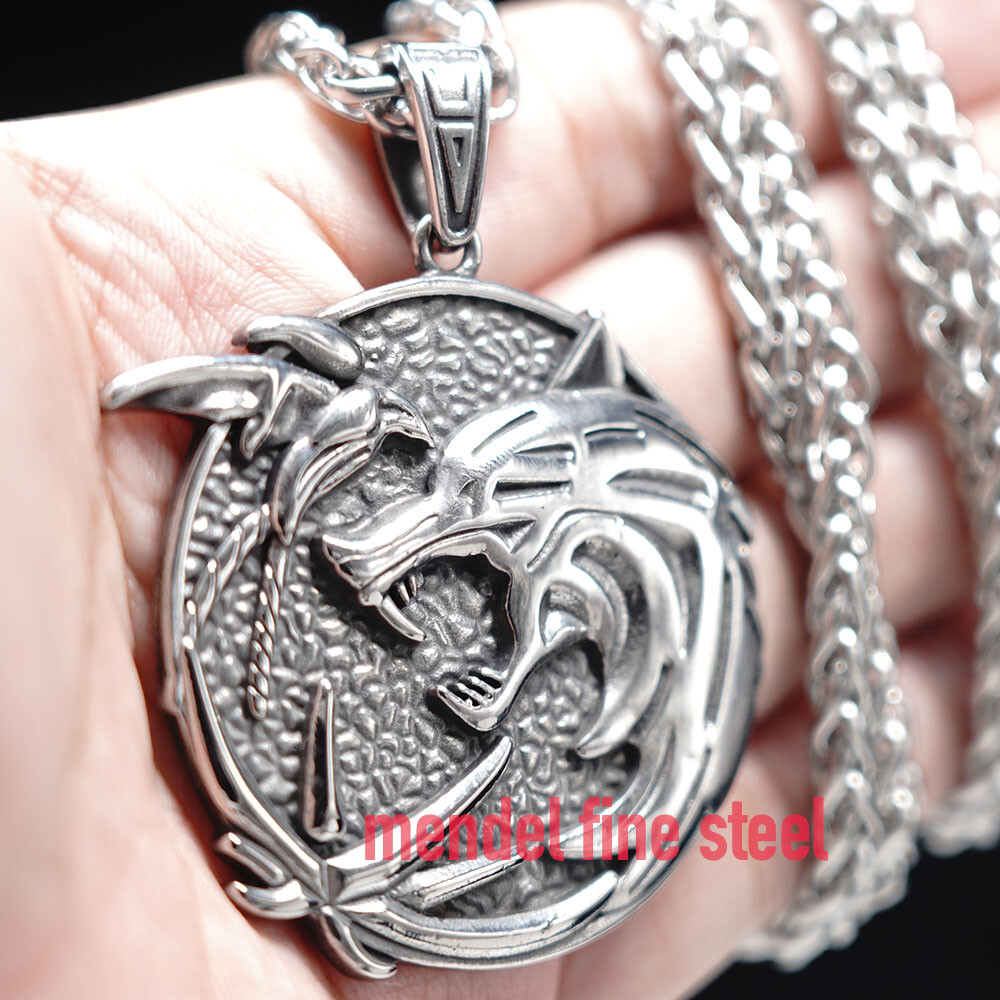 MENDEL Mens Large 30 Inch Stainless Steel Wolf Head Pendant Necklace Chain Men