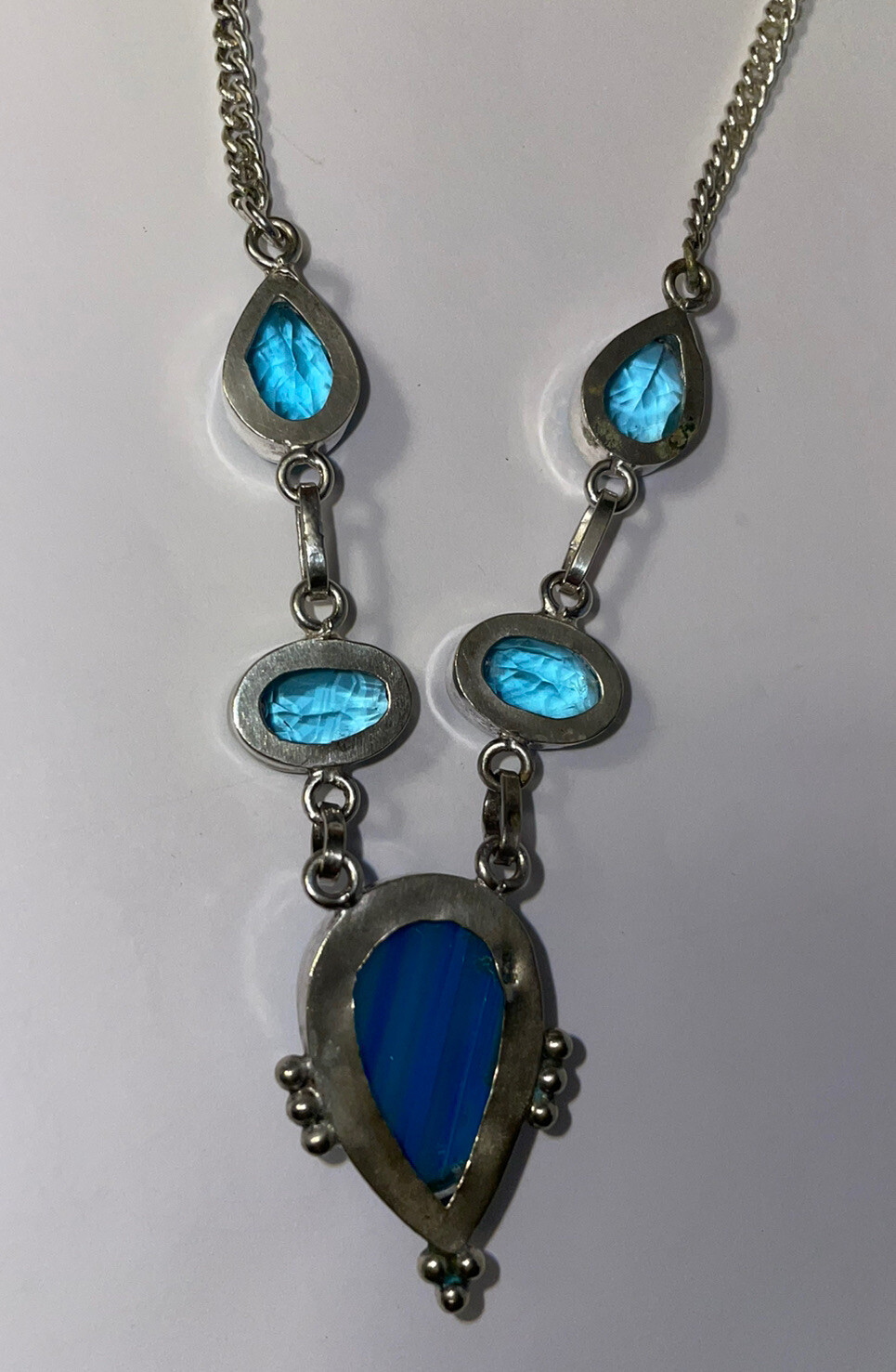 STERLING SILVER 925 NECKLACE 17″ Teardrop Blue gems 27 grams