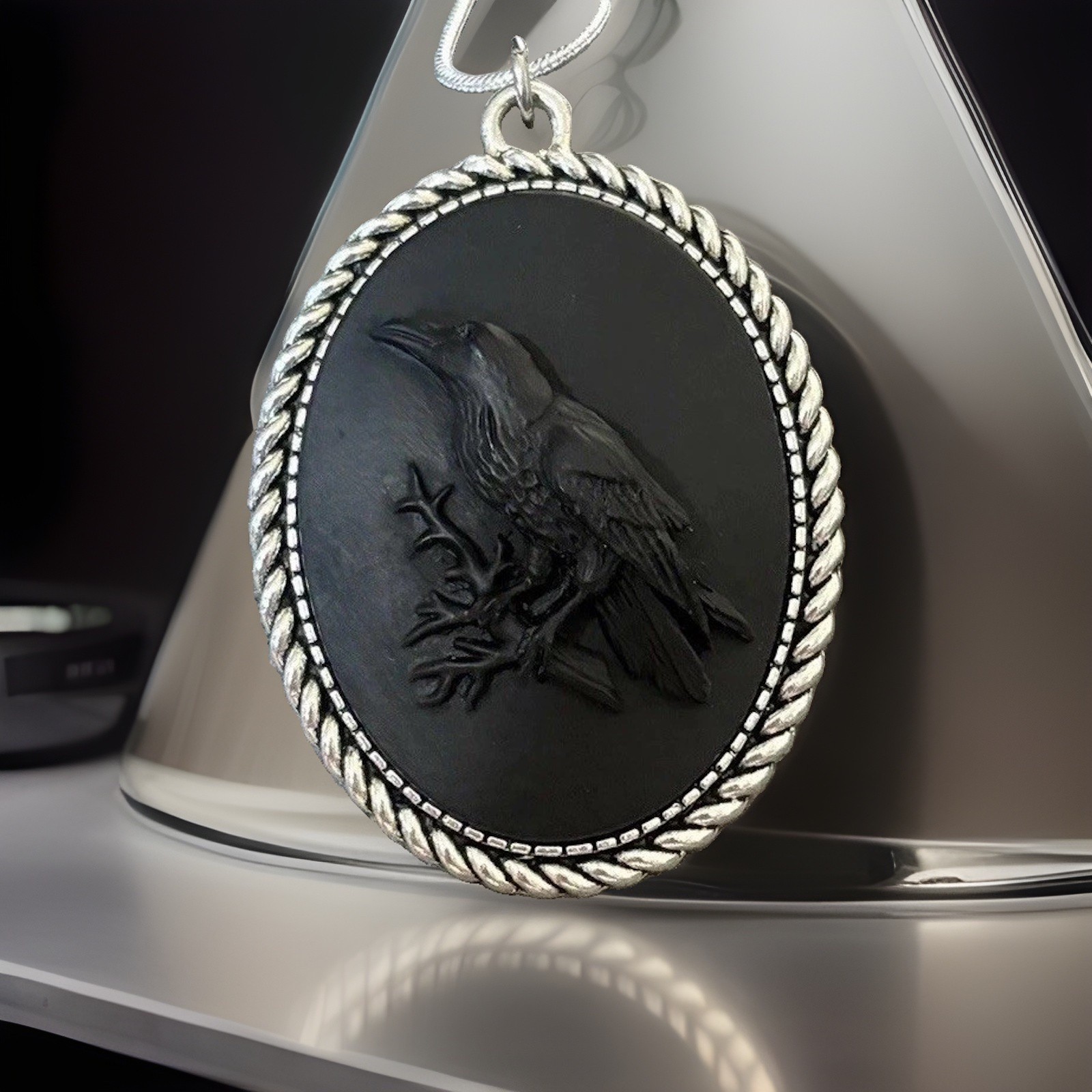 Lrg Crow Black Bird Raven Cameo Necklace Gothic Halloween, Sterling Silver Chain