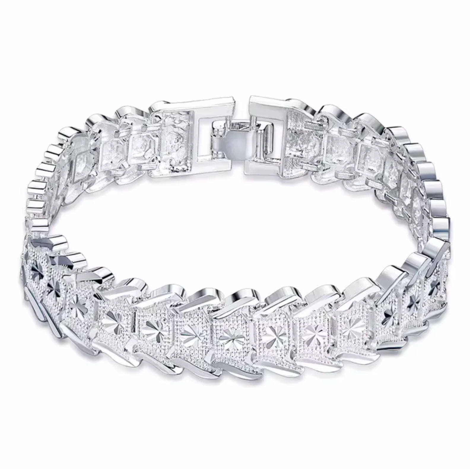 925 Sterling Silver Luxury Engraved Bracelet 8 in 13 mm, Fold Over Clasp Closure