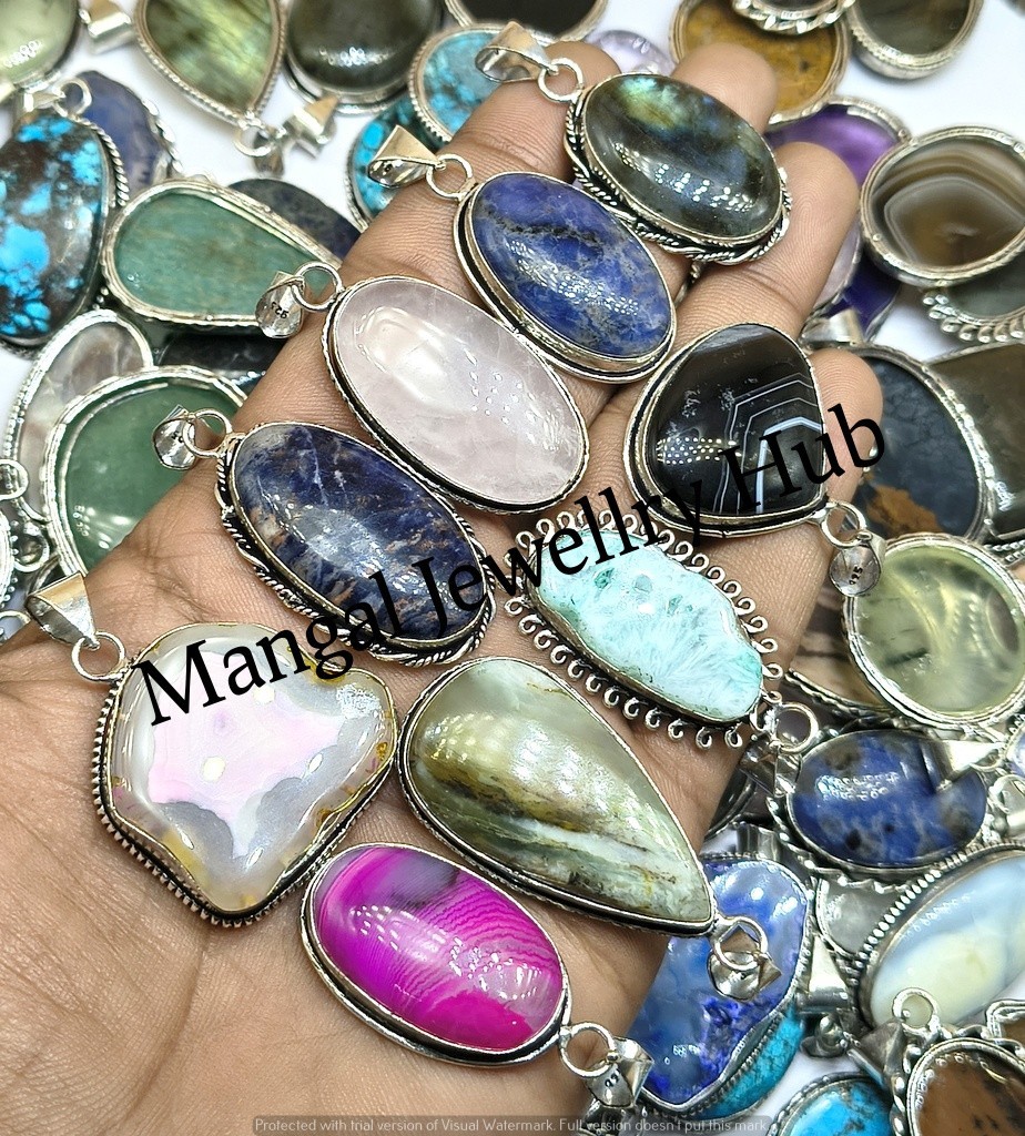 Ethnic Botswana & Mix Gemstone Pendants Lot 925 Sterling Silver Plated Jewellery