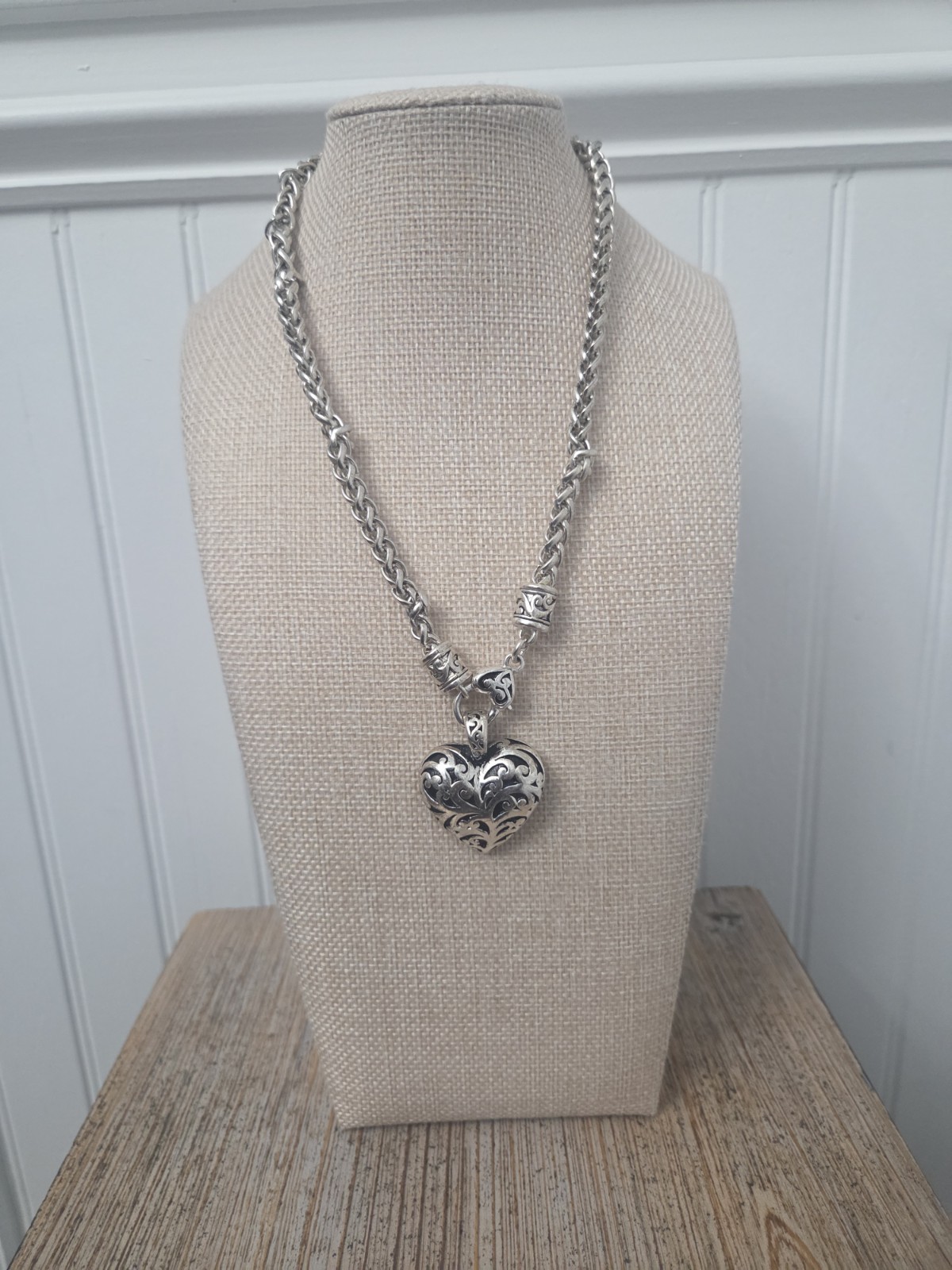 Brighton “Bibi” Puffy Scroll Heart Necklace – 18” Heavy Wheat Chain